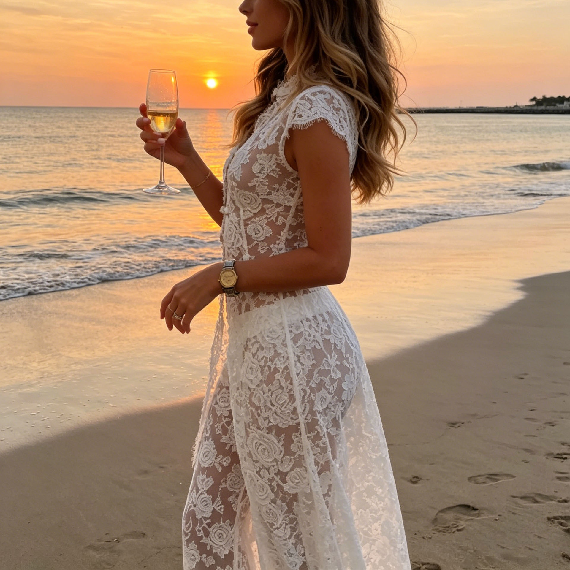 Kimono Sheer Floral - Damen Weißes Transparentes Zweiteiliges Outfit mit