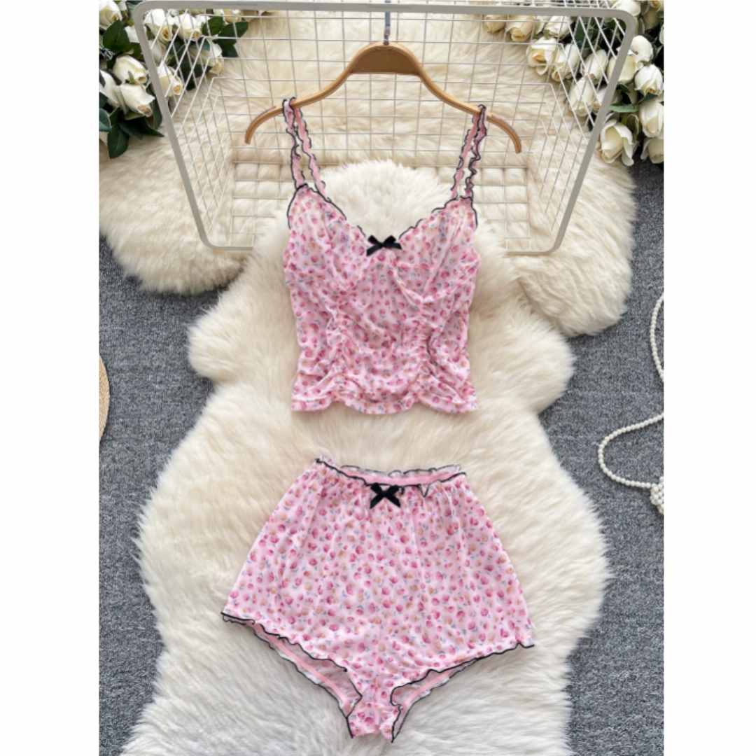 Romper Floral Print - Damen-Homewear-Sets mit Blumenmuster, gerafften Trägern, Oberteilen,
