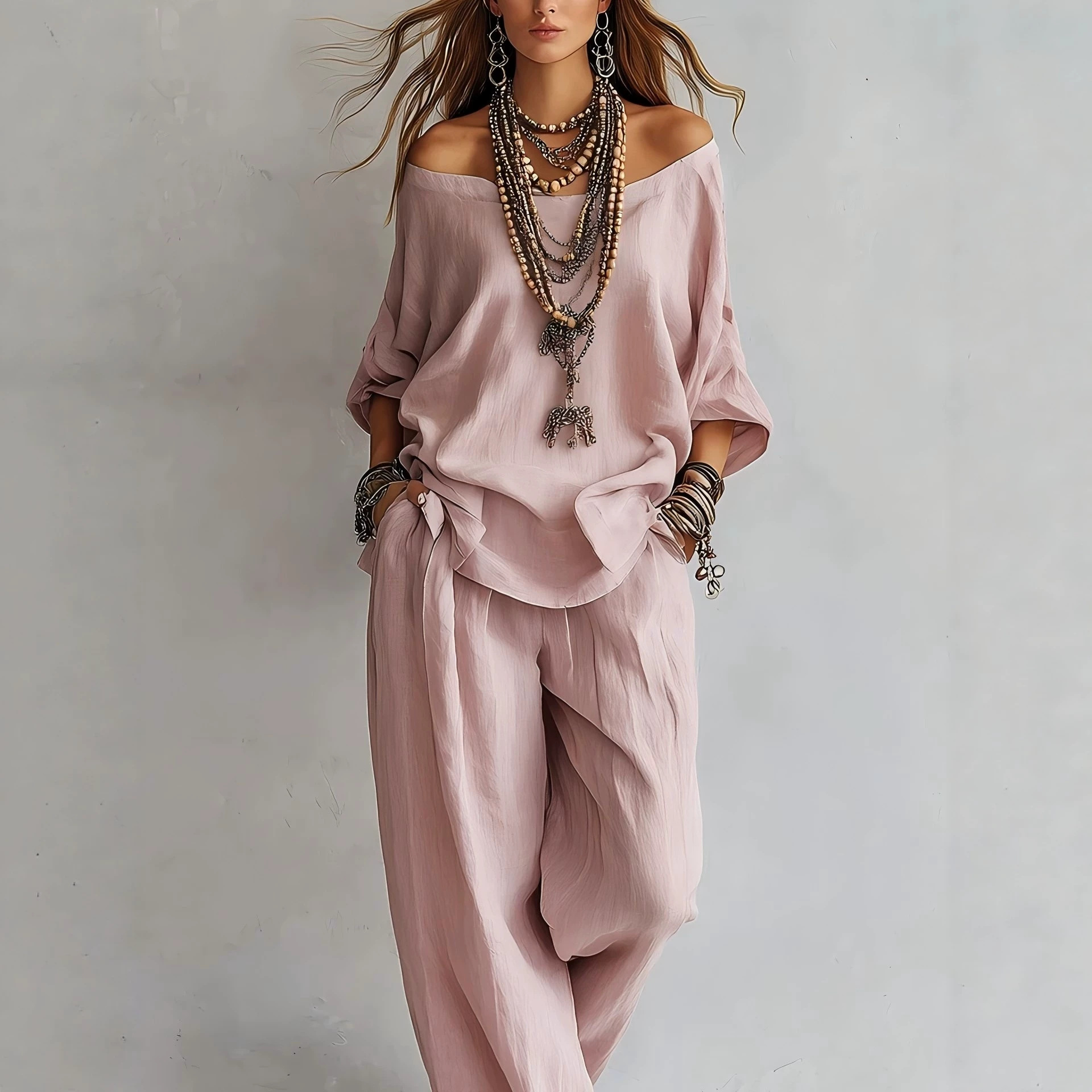 Linen Pant Wide - Lässiges, lockeres Leinen-Set mit Dreiviertelärmel-Oberteil und