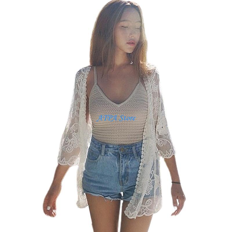 Kimono Sheer Floral - U13C Frauen Sommer Spitze Vorne Offen