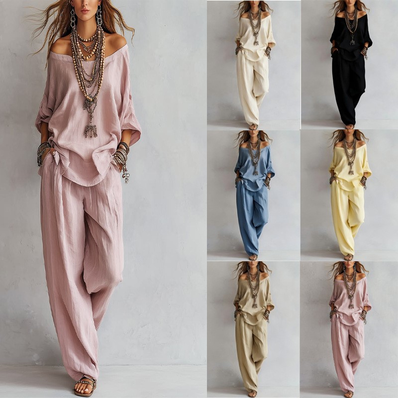 Linen Pant Wide - Damen Zweiteiler Dreiviertelärmel-Oberteil Ein-Schulter-Design Weite Hose
