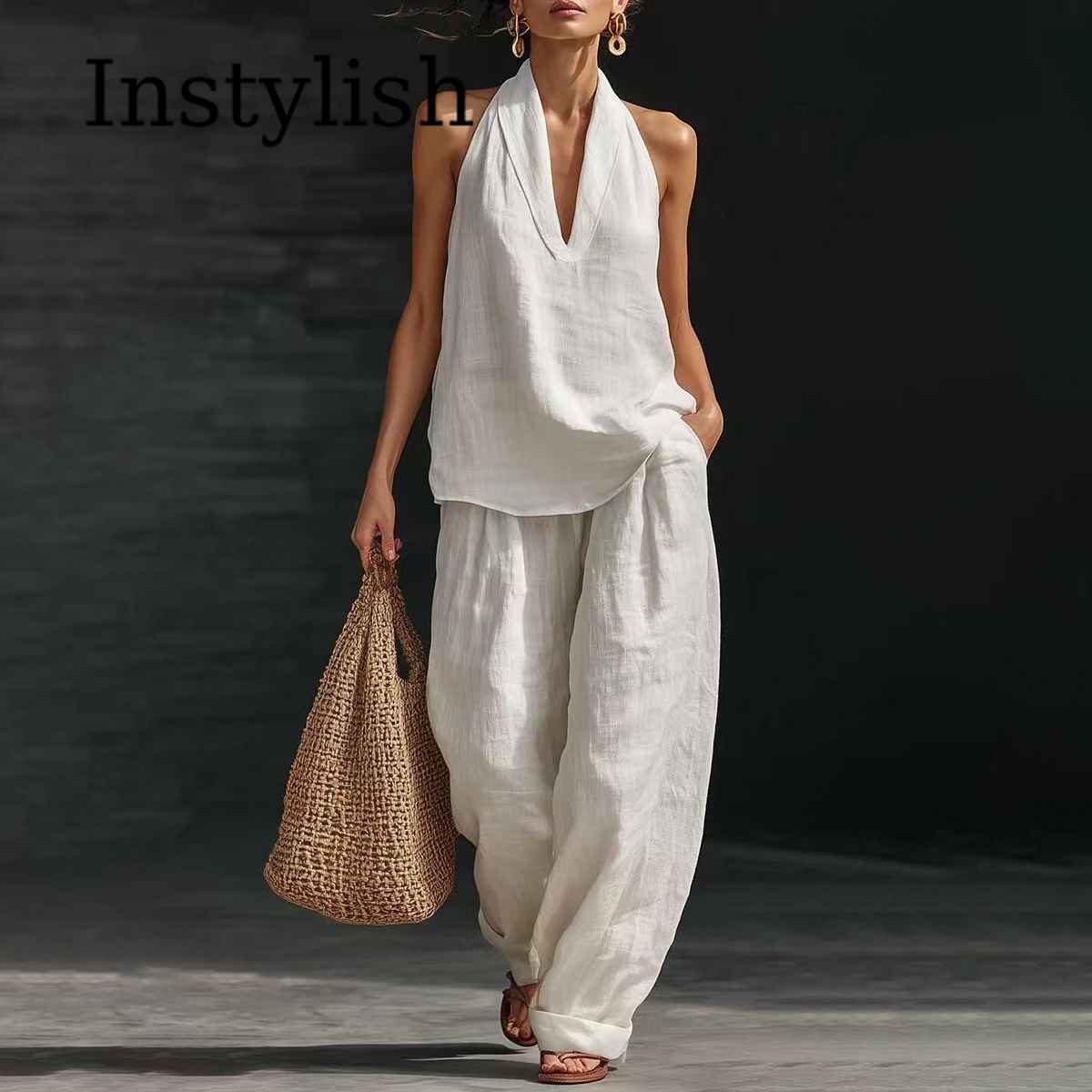 Linen Pant Wide - Sommerliches Damen-Freizeit-Set aus Leinen: 2-teiliges Halter-Neck