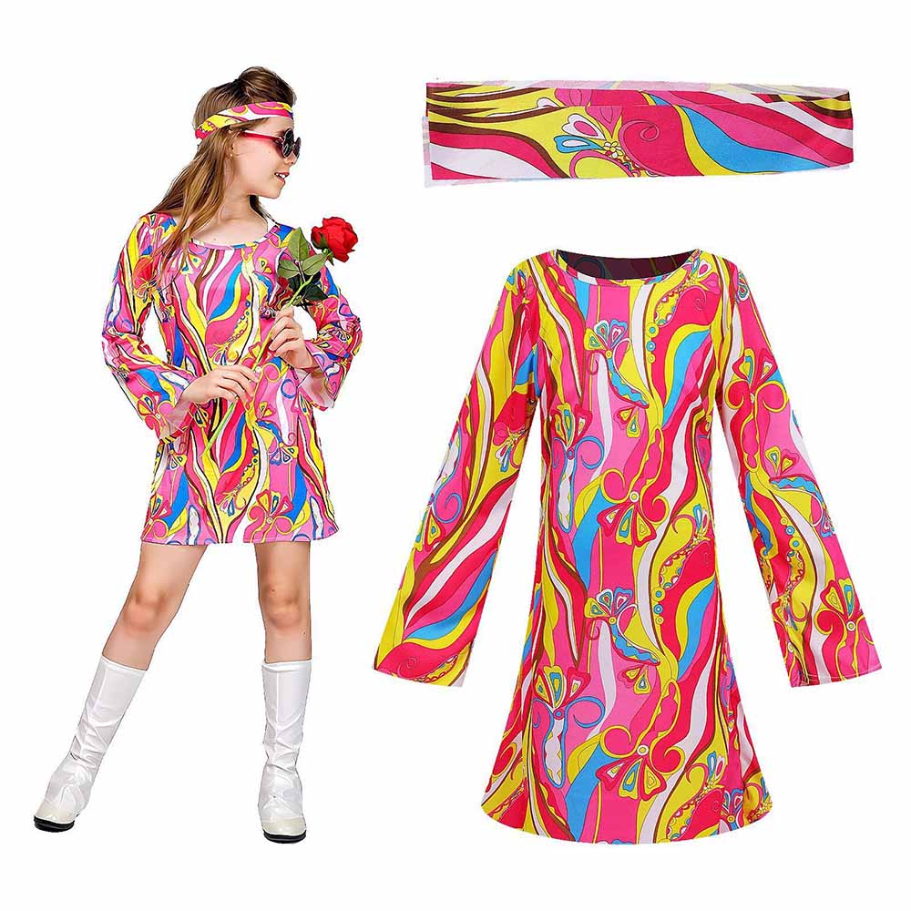 Romper Floral Print - Retro 70er Hippie-Kleid mit Stirnband-Set, Groovy